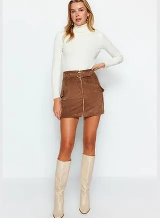 Brown Velvet Mini Skirt With Zipper Belt TWOAW24ET00241