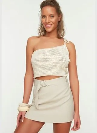 Beige Belt Mini Woven Skirt TBESS21ET0124