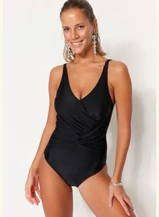 Black V-Neck Gathered Swimsuit TBESS21MA0262