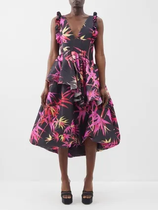 Lori Plunge-front Printed Taffeta Midi Dress