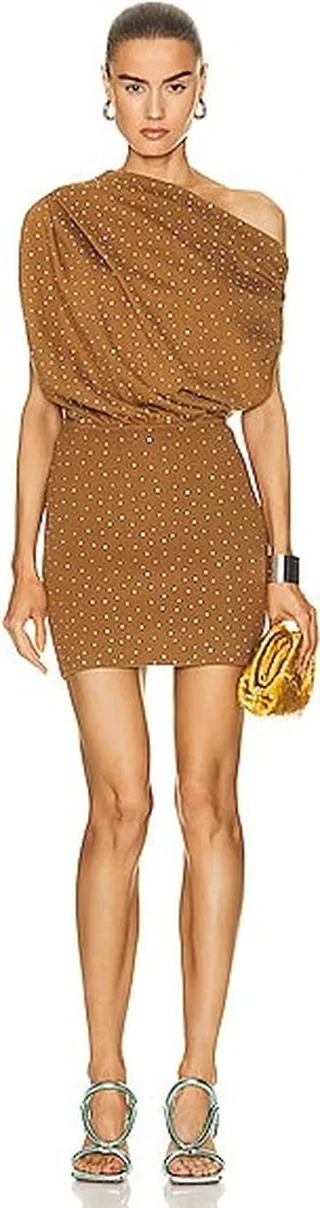 The Sei Crystal Asymmetric Drape Mini Dress in Metallic Gold