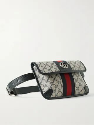 Ophidia Leather and Webbing-Trimmed Monogrammed Supreme Coated-Canvas Belt Bag