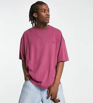 COLLUSION embroidered varsity logo t-shirt in burgundy