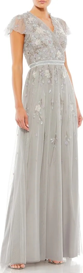 Beaded Floral Embroidery A-Line Gown