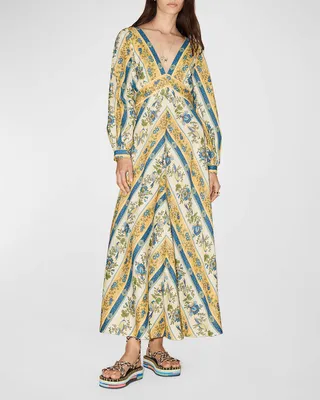 Quinn Chevron-Print Linen Midi Dress