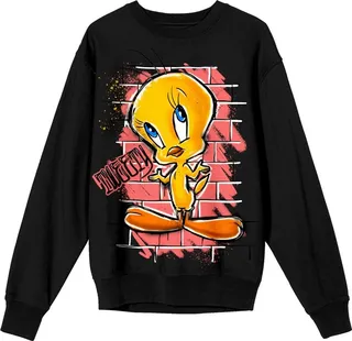 Looney Tunes Tweety & Graffiti On Brick Wall Crew Neck Long Sleeve Black Women’s Tee-XL
