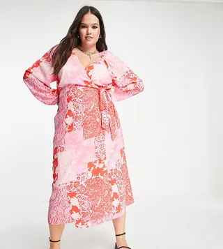 ASOS DESIGN Curve wrap belted midi dress in lilac and red patchwork print