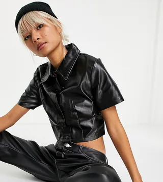 COLLUSION boxy short sleeve cropped faux leather shirt in black