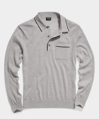 Long-Sleeve Merino Tipped Polo in Silver Grey
