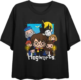 Harry Potter Chibi-Style Sorcerer’s Stone Character Art Women’s Black Graphic Crop Tee-Small