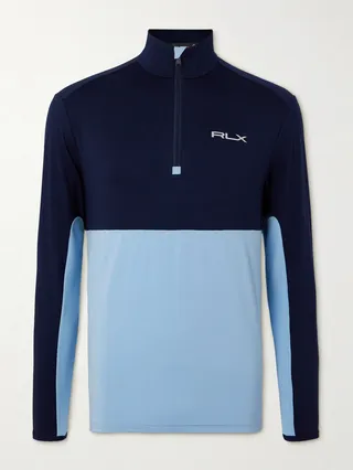 Logo-Embroidered Two-Tone Stretch-Jersey Half-Zip Top