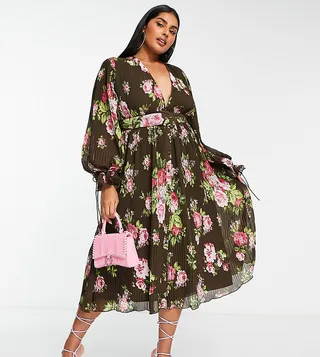 ASOS DESIGN Curve pleated blouson sleeve midi dress with belt detail in floral print