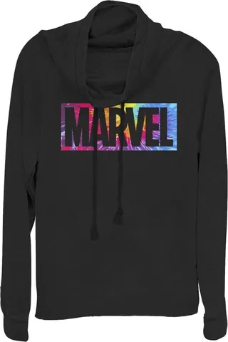Junior's Marvel Logo Tie-Dye Brick Cowl Neck Sweatshirt - Black - X Small