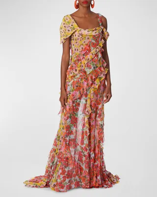 Multifloral-Print Ruffle Asymmetric Cap-Sleeve Chiffon Gown