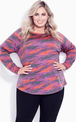AVENUE | Women's Plus Size Camo Long Sleeve Tee - plum - 30W