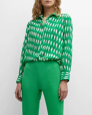 Abstract-Print Long-Sleeve Collared Silk Blouse