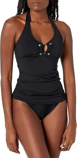 Calvin Klein Women's Solid Halter Tankini Swimsuit with Removable Soft Cups (New Black) Women's Swimwear