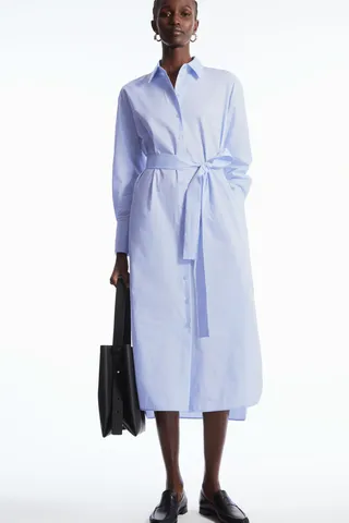 Belted Striped Midi Shirt Dress
