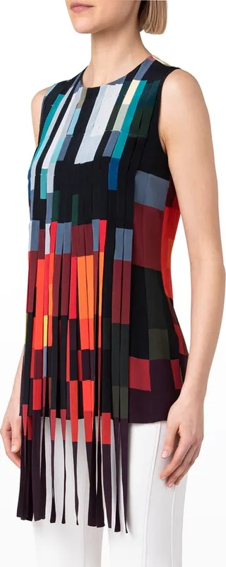 Silk Crepe Fringe Sleeveless Abstract-Print Top