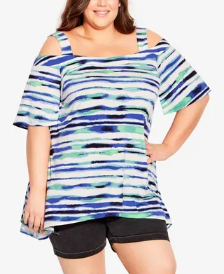 Plus Size Cold Shoulder Print Tunic Top