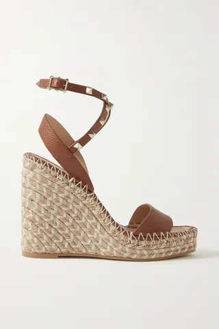 Valentino Garavani - Rockstud Leather Espadrille Wedge Sandals - Brown