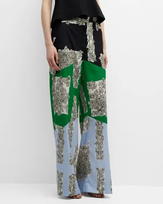 Colorblock Floral Wide-Leg Seamed Pants