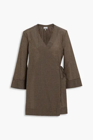 Gingham seersucker mini wrap dress