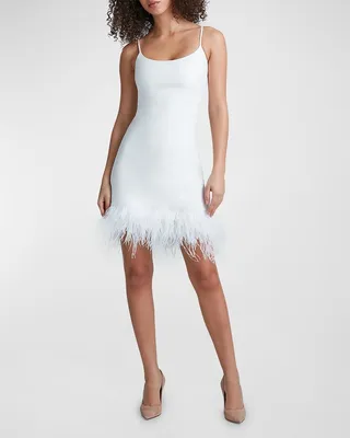 Faux-Leather Feather-Hem Mini Dress