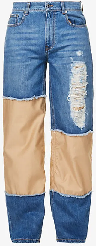 Mens Light Blue Distressed Cut-out Relaxed-fit Wide-leg Jeans