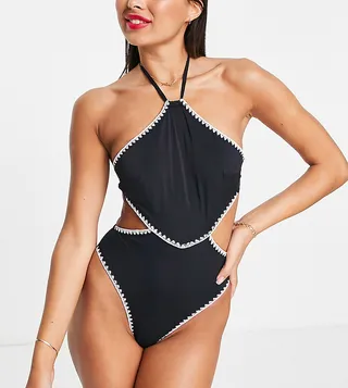 Accessorize cut out with contract stitching swimsuit in black