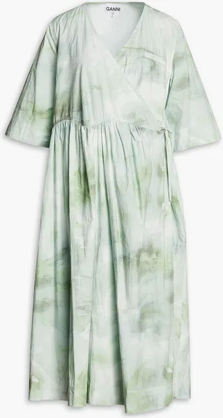Tie-dyed organic cotton-poplin midi wrap dress