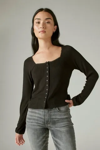Square Neck Pointelle Button Front Top