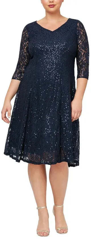 Three-Quarter Sleeve T-Length Sequin Dress