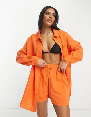 ASOS DESIGN textured button through beach shirt in orange - part of a set
