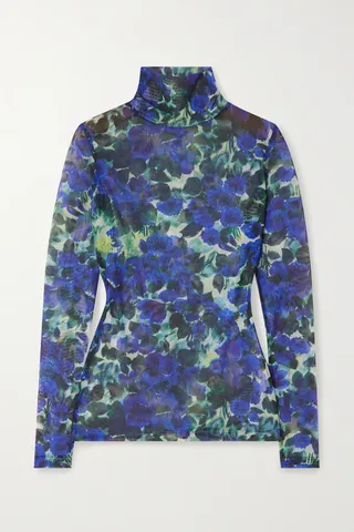 Dries Van Noten - Floral-print Stretch-mesh Turtleneck Top - Blue