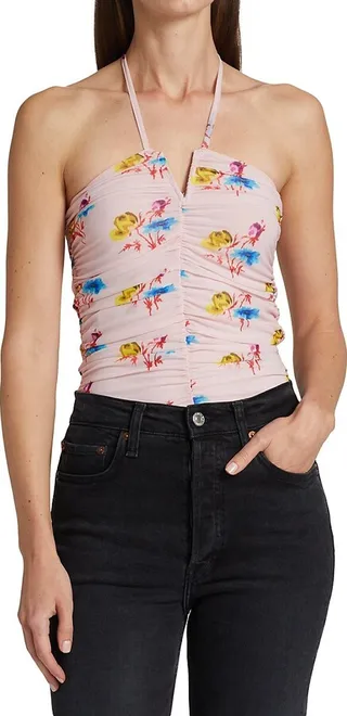 Printed Floral Mesh Halter Top