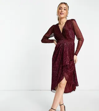 Ever New drape front metallic midi dress in plum