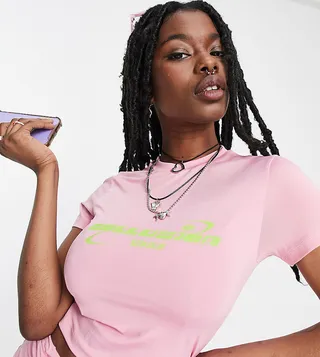 COLLUSION branded slinky shrunken T-shirt in pink - part of a set