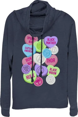 Junior's Marvel Valentine's Day Candy Heart Heroes Cowl Neck Sweatshirt - Navy Blue - X Small