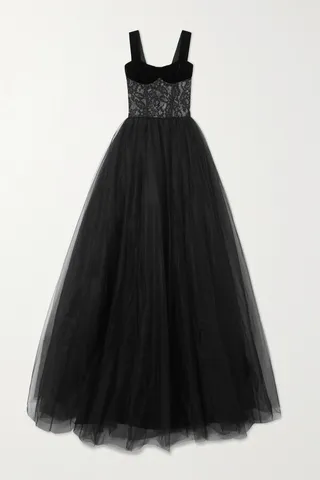 RASARIO - Velvet-trimmed Guipure-lace And Tulle Gown - Black