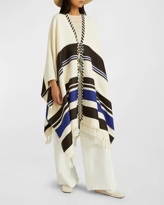 Selene Cotton Striped Cape with Fringe Trim
