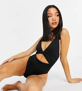 ASOS DESIGN Petite loop front swimsuit with knot in black