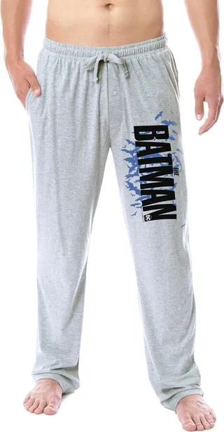 DC Mens' The Batman Movie Gotham Bat Background Logo Sleep Pajama Pants (L) Grey
