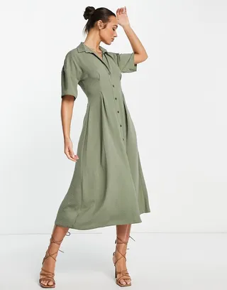 ASOS DESIGN button up waist midi shirt dress in soft khaki