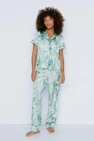 Nasty Gal Womens Satin Marble Print Pajama Shirt & Pants Set
