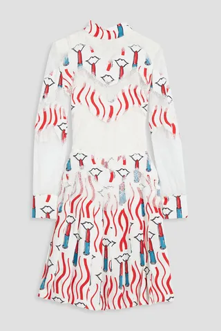 Pleated printed chantilly lace-paneled crepe dress
