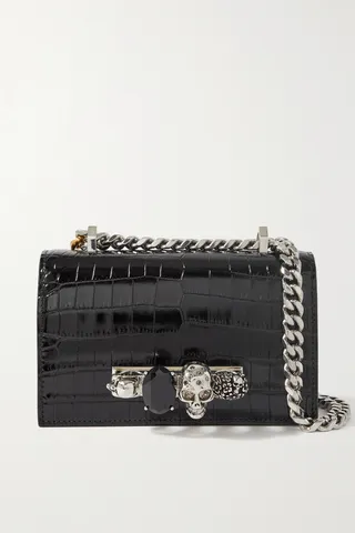 Alexander McQueen - Embellished Croc-effect Leather Shoulder Bag - Black