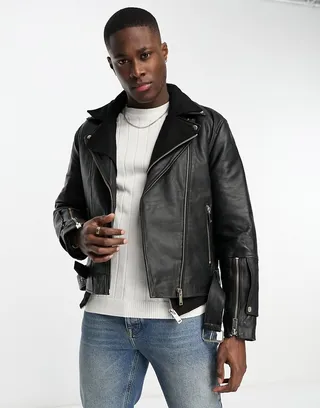 Bolongaro Trevor double layer leather biker jacket with removeable inner lining in black