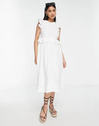 Vero Moda midi open tie back dress with frill detail in white