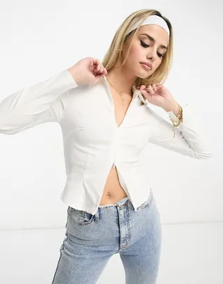 Stradivarius slim fit bengaline shirt in white